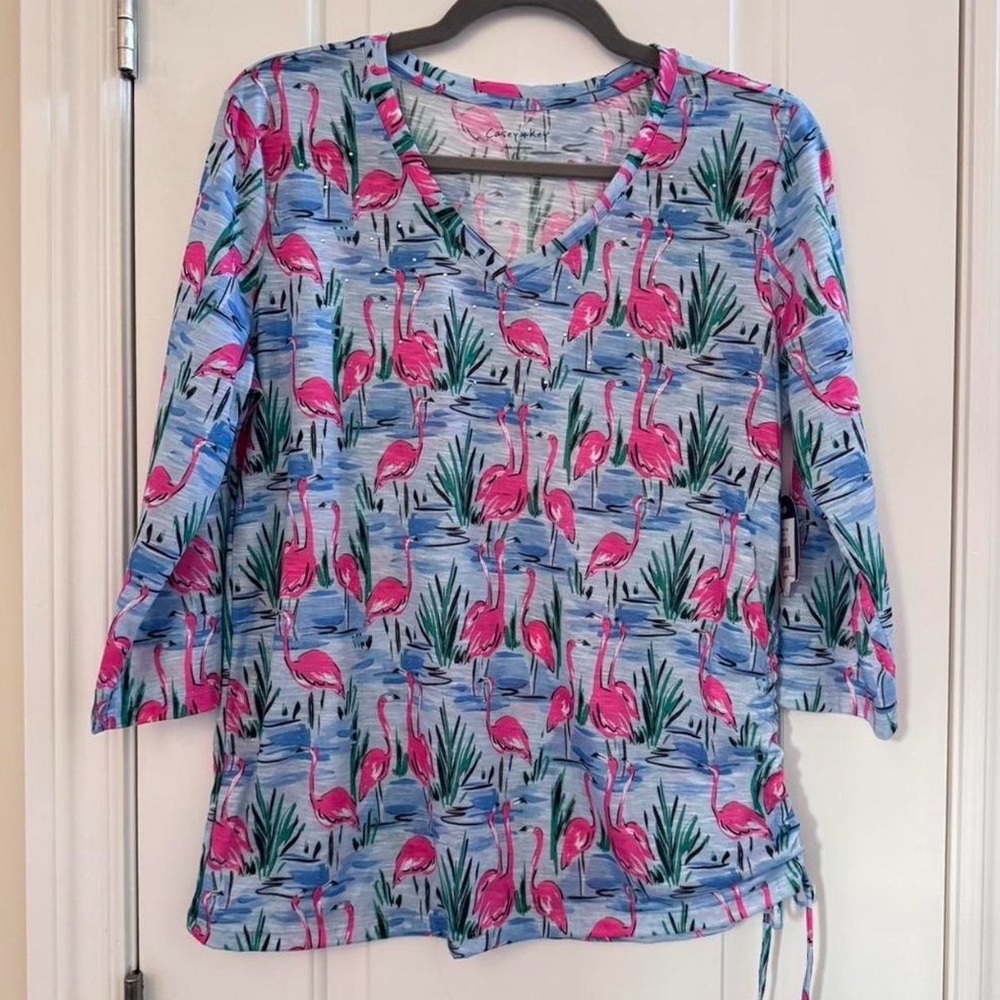 Casey Key flamingo print v-neck top L rhinestones side ruching icy blue whimsy